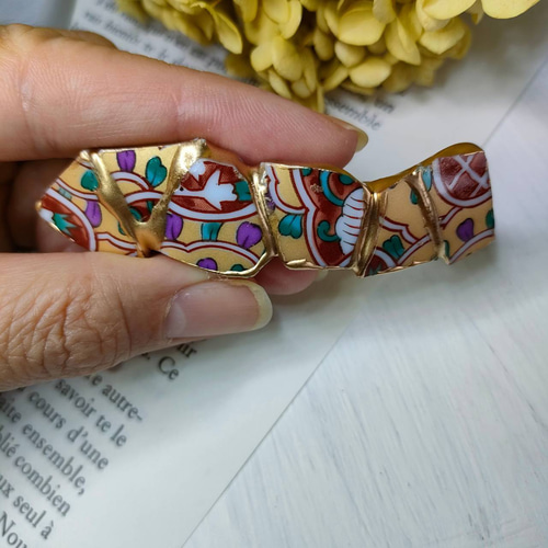 陶器】藤の花の呼び継ぎブローチ バレッタ 香凜 京金継ぎ 通販