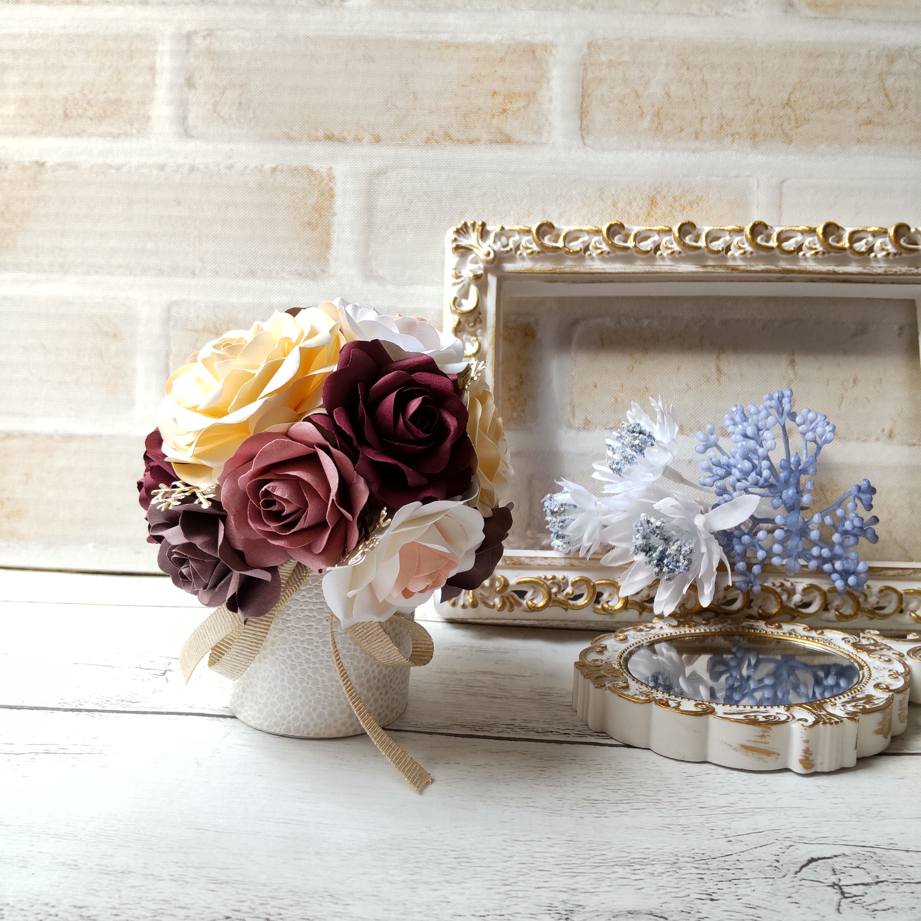 華麗なるローズブーケ＊ペーパーフラワー アレンジメント  ＜くすみボルドー×ピンク×ホワイト＞