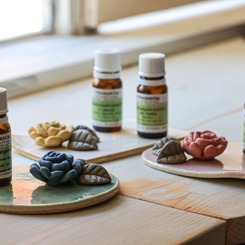 お花香る♪ 陶器のアロマストーン 【セット】青いバラ しずく皿付 瀬戸