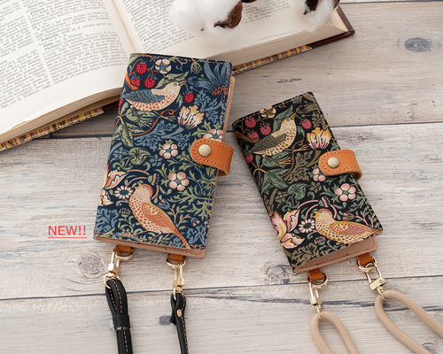 ご専用　半幅帯　スマホポーチ　ウィリアムモリス　いちご泥棒×ボタニカル小鳥 ちょっと大きめスマホショルダーバック ウィリアムモリス ショルダー