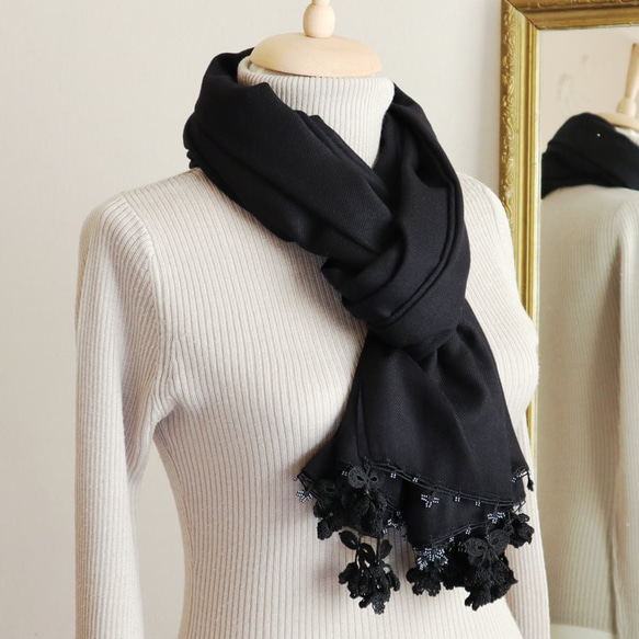 [Made to order] OYA Pashmina shawl [Flower of Wind] Black 第4張的照片