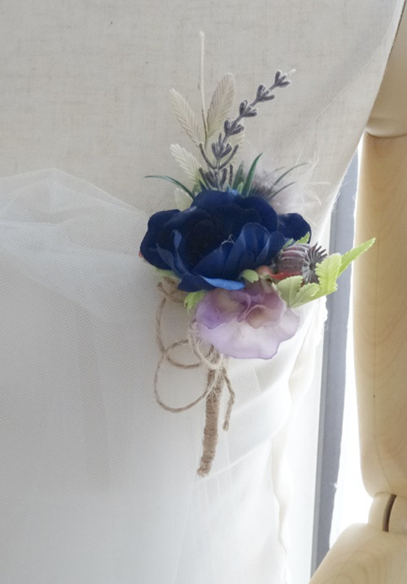 [価格改定・髪飾り付]造花リースブーケ＆ブートニア・アネモネ・ブルー・Sale 4枚目の画像