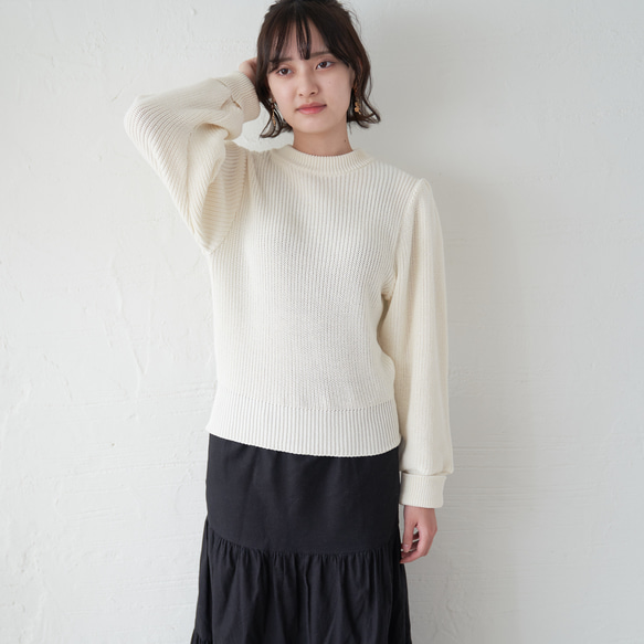 Morino Gakko 可水洗強效棉袖豐盈針織衫（白色） 第8張的照片