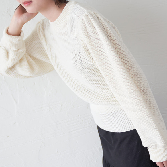 Morino Gakko 可水洗強效棉袖豐盈針織衫（白色） 第6張的照片