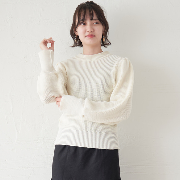 Morino Gakko 可水洗強效棉袖豐盈針織衫（白色） 第19張的照片