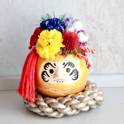 【縁起物】金ダルマのポットに縁起5色（ごしき）のフラワーぎっしりのパワー運気ミニ造花アレンジメント 12枚目の画像