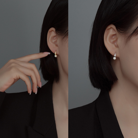 耳環 小珍珠 925 銀金屬過敏相容小腰果耳環 圈形耳環 心型浮水印 第6張的照片