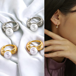 耳環 小珍珠 925 銀金屬過敏相容小腰果耳環 圈形耳環 心型浮水印 第1張的照片