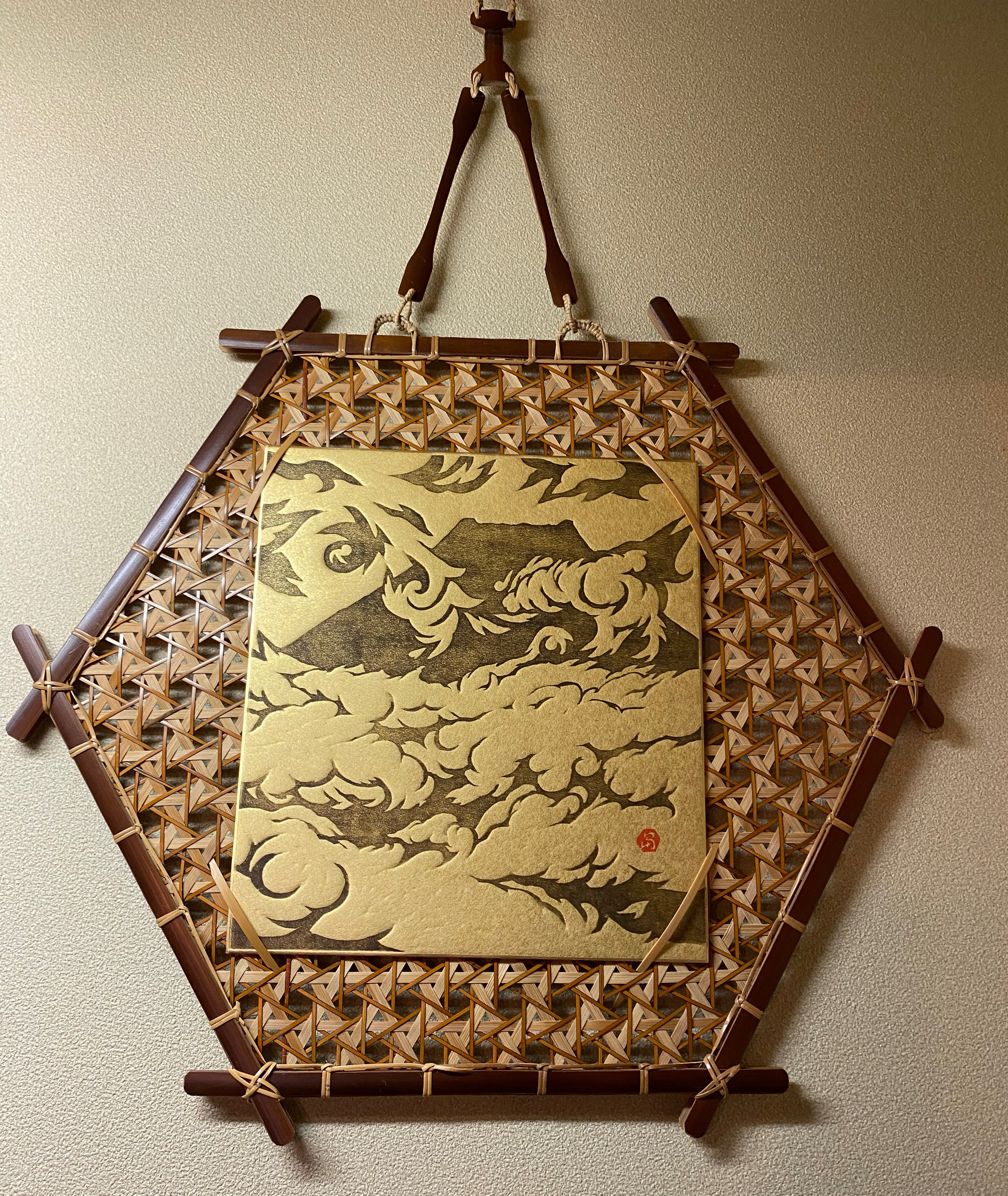 壁かけ竹細工　書や絵 写真など 色紙サイズも可　タペストリー　六角形(大)