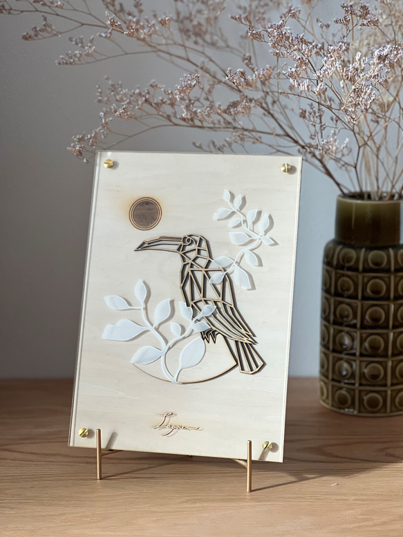 『鳥』【真鍮金具×アクリル×木のアートパネル】ご自宅やプレゼントに☆ 2枚目の画像