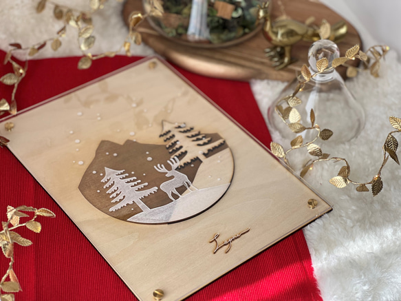 『冬山のトナカイ』【真鍮金具×アクリル×木のアートパネル】ご自宅やプレゼントに☆ 2枚目の画像