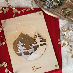 『冬山のトナカイ』【真鍮金具×アクリル×木のアートパネル】ご自宅やプレゼントに☆ 1枚目の画像