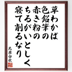 北原白秋の俳句・短歌「草わかば、色鉛筆の赤き粉の、ちるがいとしく寝て削るなり」額付き書道色紙／受注後直筆（Y9294） 1枚目の画像