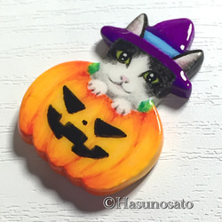 黒白猫のハロウィン の 帯留め/ブローチ 【手描き 石塑粘土アクセサリー】ねこ ネコ 4枚目の画像