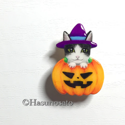 黒白猫のハロウィン の 帯留め/ブローチ 【手描き 石塑粘土アクセサリー】ねこ ネコ 2枚目の画像