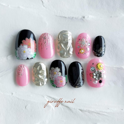 135 ネイルチップ 振袖ネイル 和装ネイル 前撮り 黒ネイル 手描き