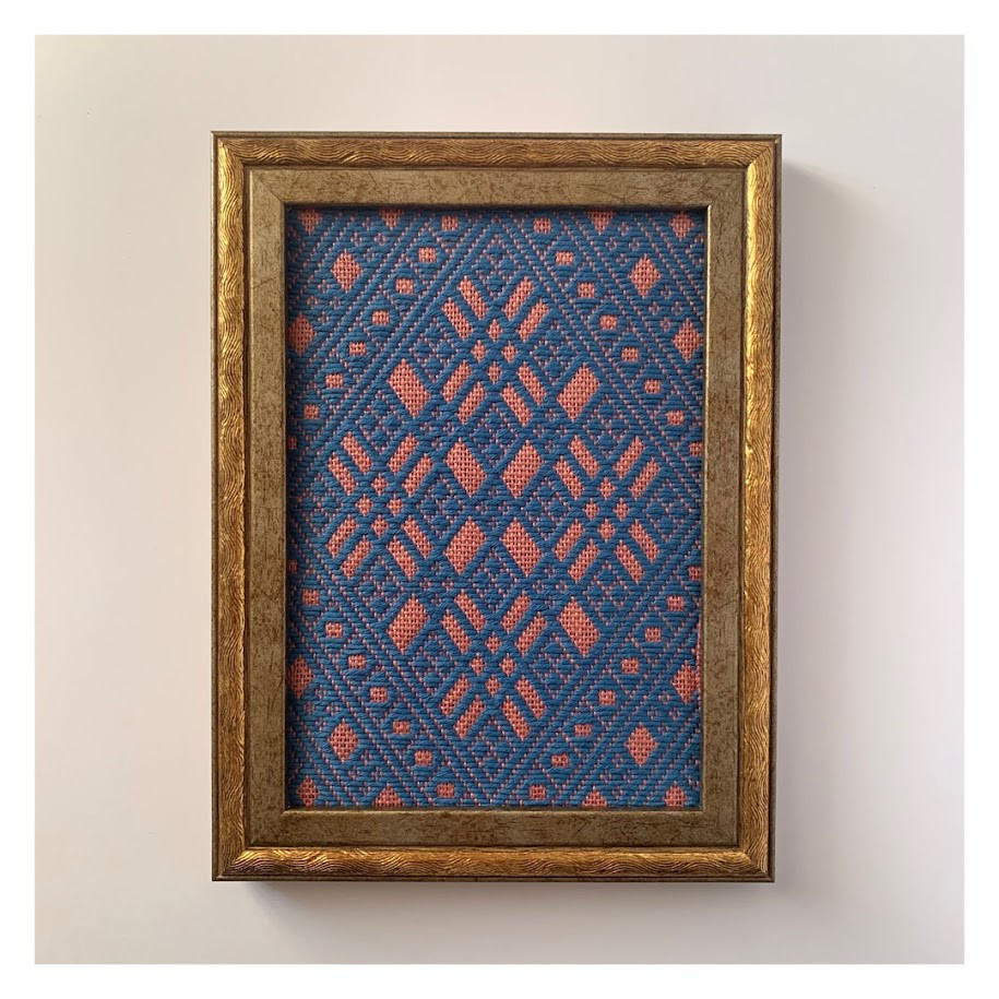 【一点もの】こぎん刺し・アート◆古作図案の額装◆縦長・青×桃