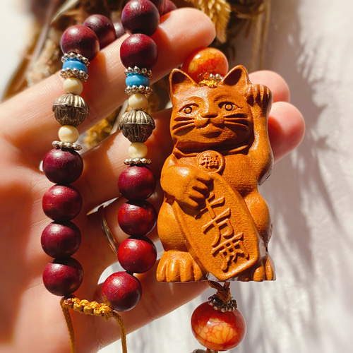 051575 桃の木招き猫キーホルダー 工芸品