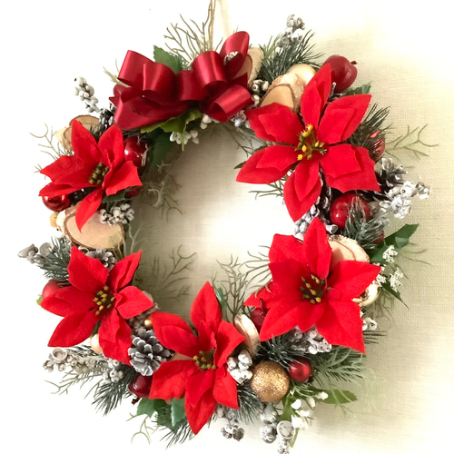 木かぶと小枝とポインセチアの赤色クリスマスリース◇35〜37センチ◇L
