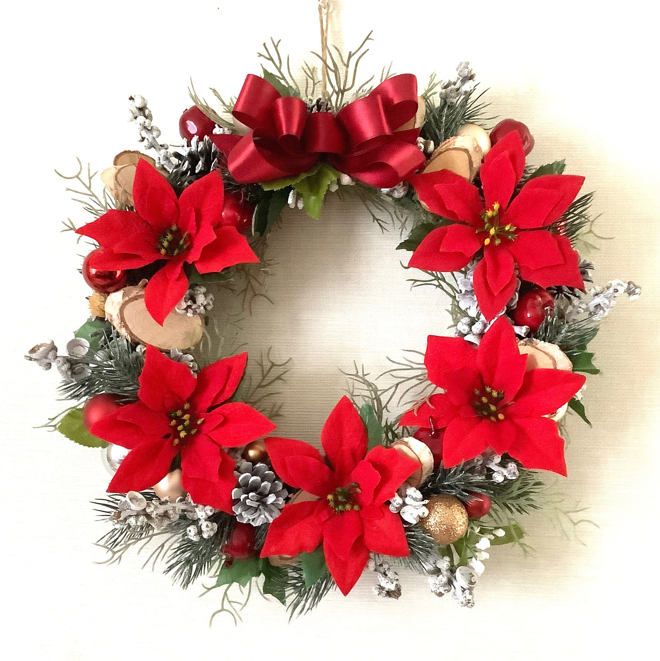 木かぶと小枝とポインセチアの赤色クリスマスリース◇35〜37センチ◇L