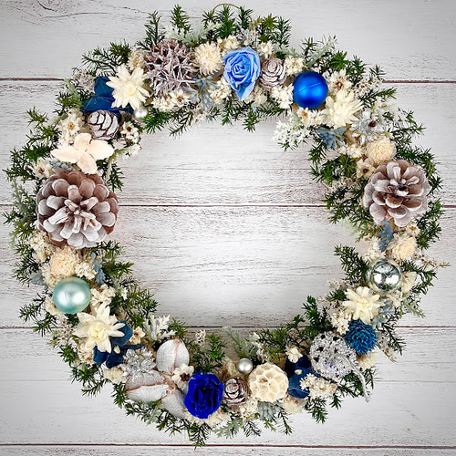 2022青×白華やぐ聖夜のクリスマスリース☆プリザーブド＆ドライ