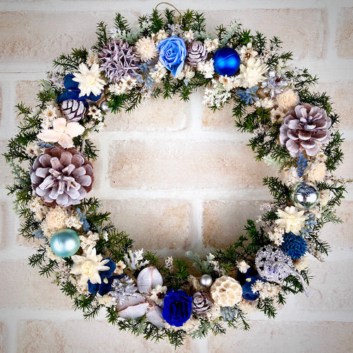 2022青×白華やぐ聖夜のクリスマスリース☆プリザーブド＆ドライ