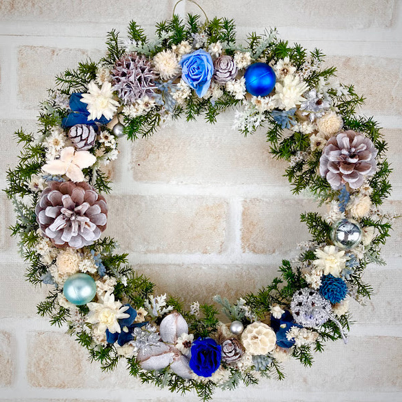 2022青×白華やぐ聖夜のクリスマスリース☆プリザーブド＆ドライ