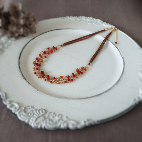カーネリアンのナチュラルネックレス：天然石 , 革ひも ネックレス