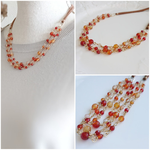 カーネリアンのナチュラルネックレス：天然石 , 革ひも ネックレス