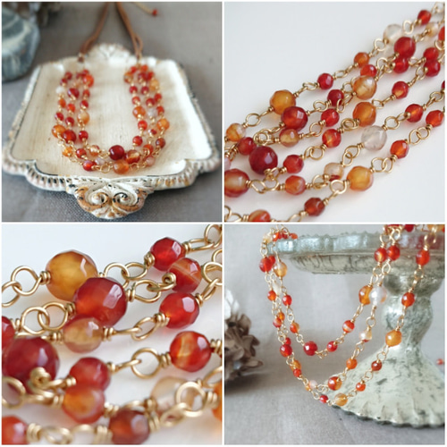 カーネリアンのナチュラルネックレス：天然石 , 革ひも ネックレス