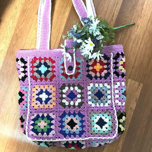 モチーフ編みのトートバッグ（パームピンク）★手編み　編み物　モチーフバッグ　レトロで可愛い 1枚目の画像