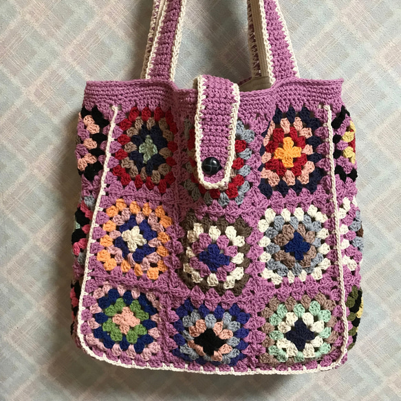 モチーフ編みのトートバッグ（パームピンク）★手編み　編み物　モチーフバッグ　レトロで可愛い 3枚目の画像