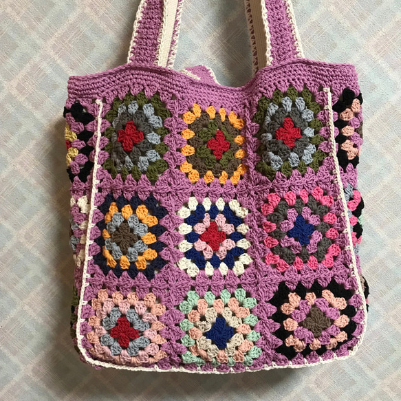 モチーフ編みのトートバッグ（パームピンク）★手編み　編み物　モチーフバッグ　レトロで可愛い 2枚目の画像