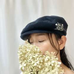 2wayキャスケット秋冬[大人/厚手起毛] 播州織かすみ草刺繍 ハンチング帽 ネイビー　帽子　ナチュラル　お出かけ　清楚 7枚目の画像