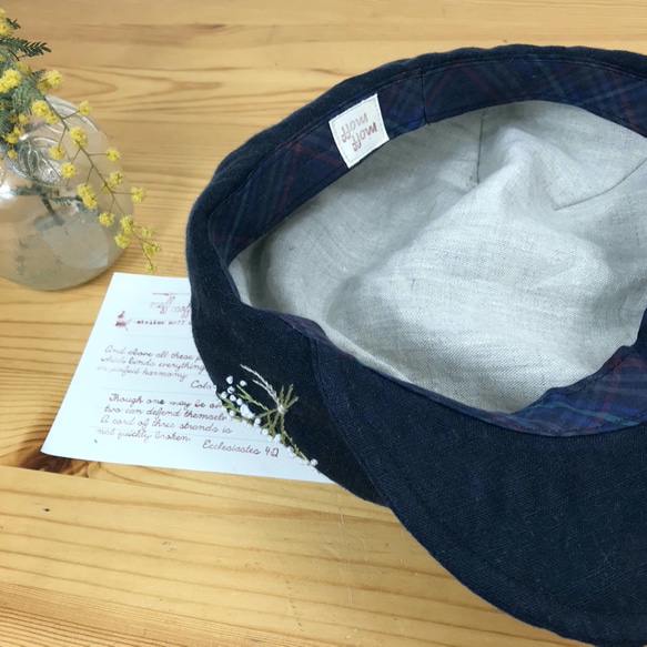 2wayキャスケット秋冬[大人/厚手起毛] 播州織かすみ草刺繍 ハンチング帽 ネイビー　帽子　ナチュラル　お出かけ　清楚 12枚目の画像