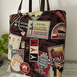 スペインゴブラン織り　お洒落なホテルのロゴ柄とツイードを使ったＡ４ショルダー対応大きめのトートバッグ 2枚目の画像