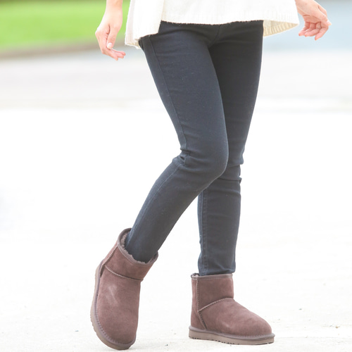 ムートン風 ショートブーツ チョコ レザー 牛革 ふわふわ あったかい  