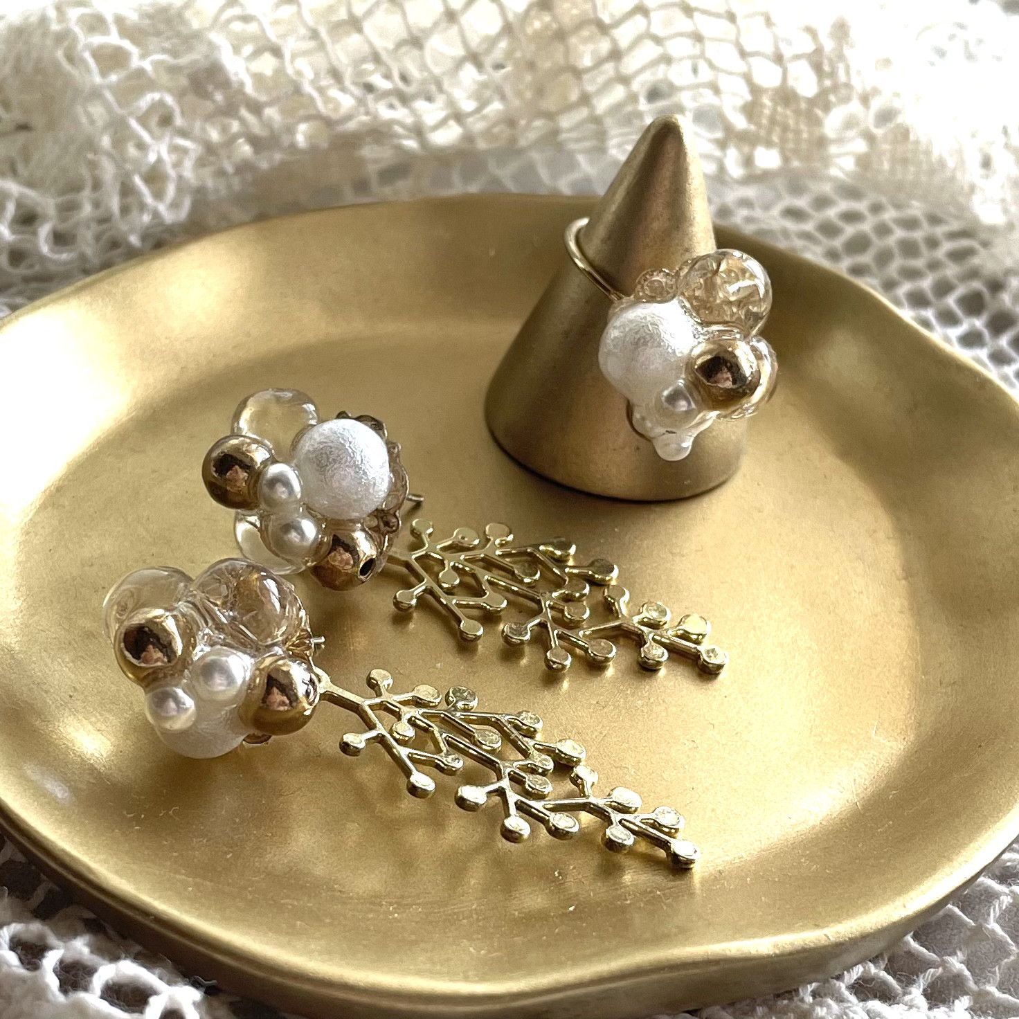 クリア バブル と パール の ピアス　イヤリング　リング　ギフトセット　母の日　入学式　卒業式　　晴れの日　七五三