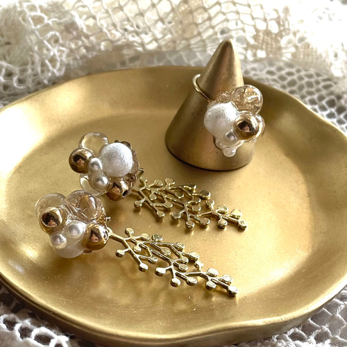 クリア バブル と パール の ピアス イヤリング リング ギフトセット 