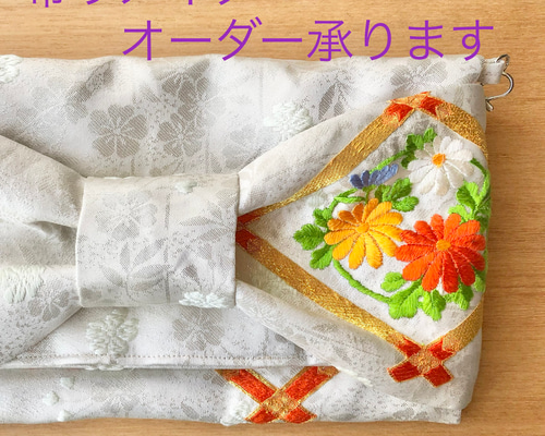 ハンドメイド・リメイクオーダー用 ハンドメイド 帯リメイクミニトートバック扇柄刺繍模様 トート