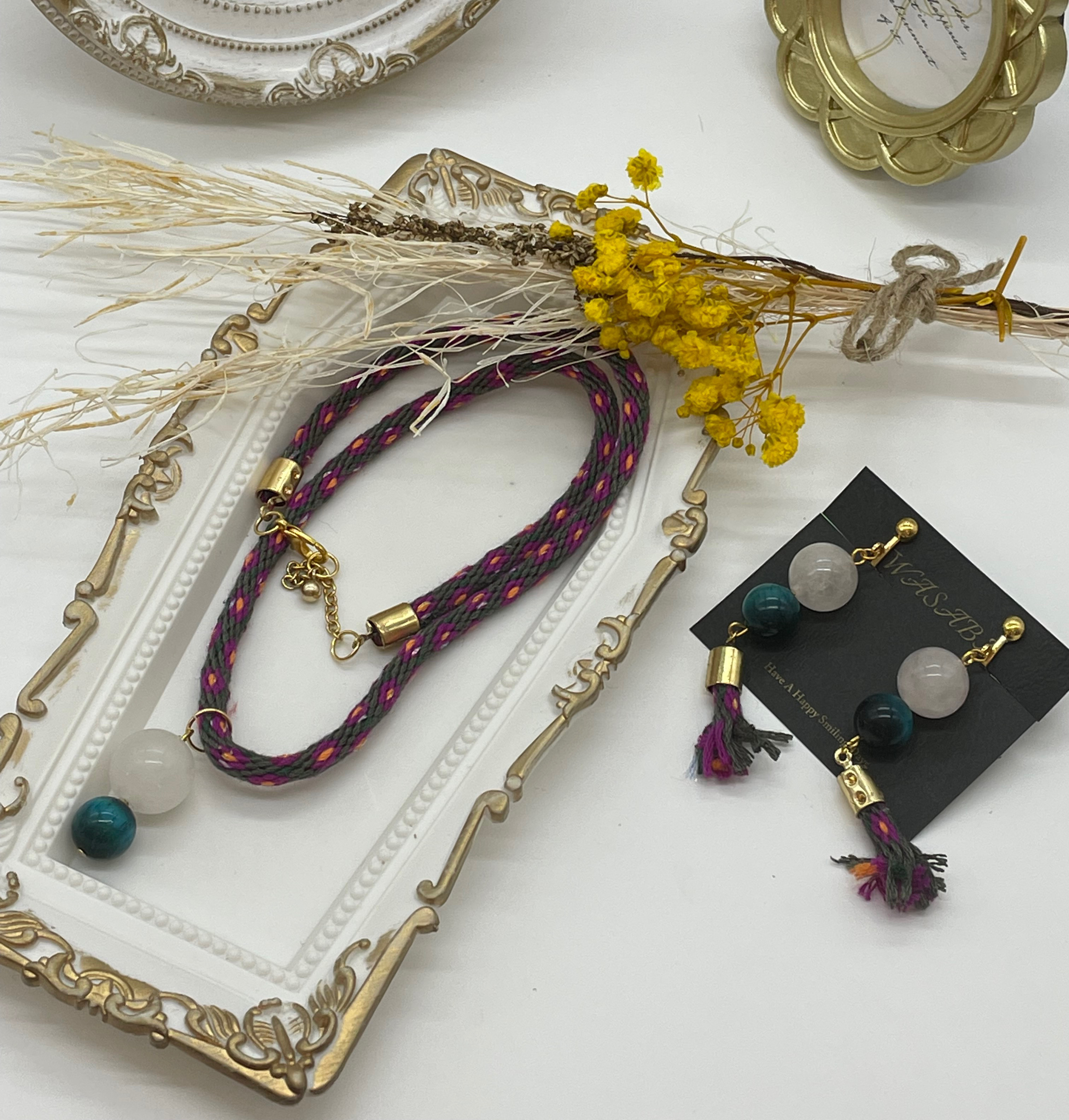 （金属アレルギー対応）（天然石）ローズクォーツとブルータイガーアイのネックレスとイヤリングのセット