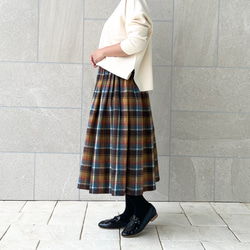 上質シャギーチェックのギャザースカート　ブラウン 1枚目の画像