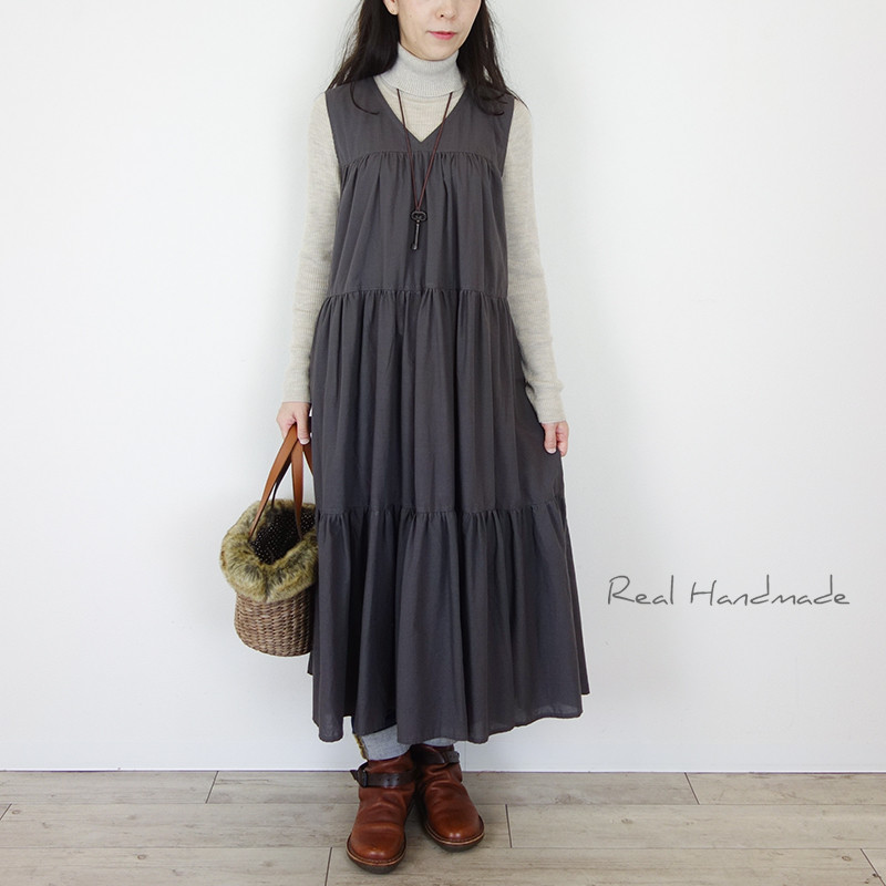 [予約販売] チャコールコットンティアードワンピース