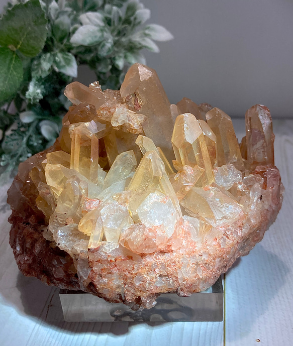 蜜柑の水晶 ✨タンジェリンクォーツ　ラフストーン　原石　クラスター　台座付き 1枚目の画像