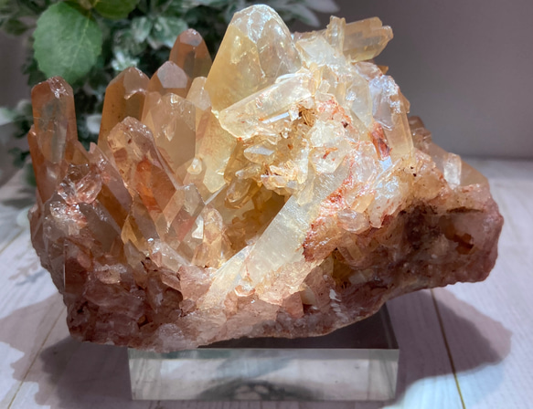 蜜柑の水晶 ✨タンジェリンクォーツ　ラフストーン　原石　クラスター　台座付き 4枚目の画像