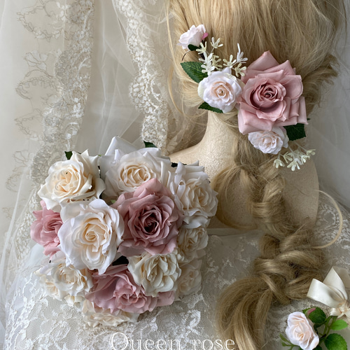 送料無料】Queen rose sweet rose princess ブーケ &ブートニア&ヘッド 