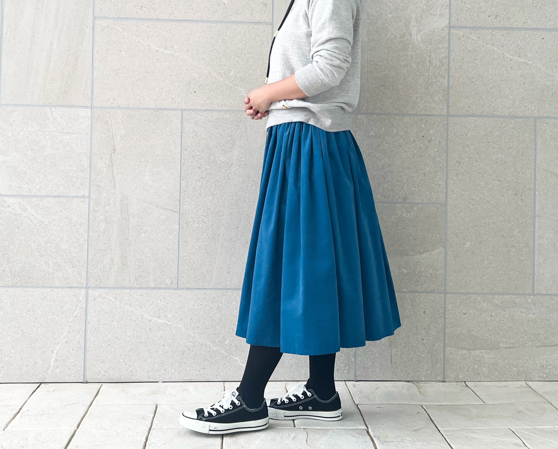 綺麗な発色♪柔らか上質コーデュロイのギャザースカート　セルリアンブルー