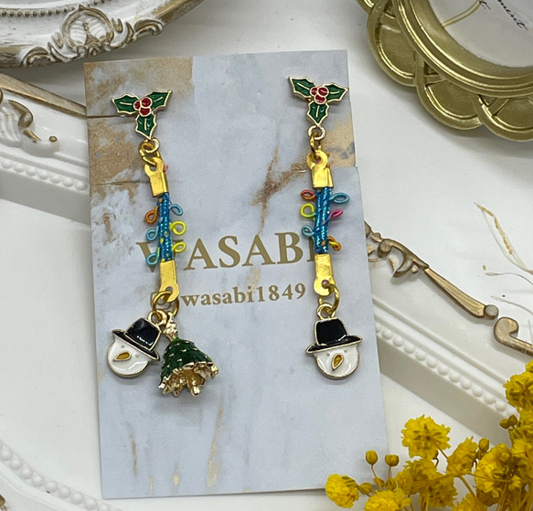 クリスマスチェーンピアス イヤリング 雪だるま×ヒイラギ