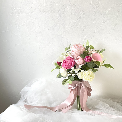 優しいピンク薔薇ブーケ ブートニアセット ウェディングブーケ ブーケ