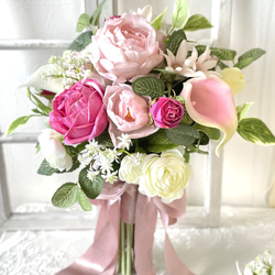 結婚式ブーケ・ブートニア ピンク 優しいピンク薔薇ブーケ ブートニアセット ウェディングブーケ